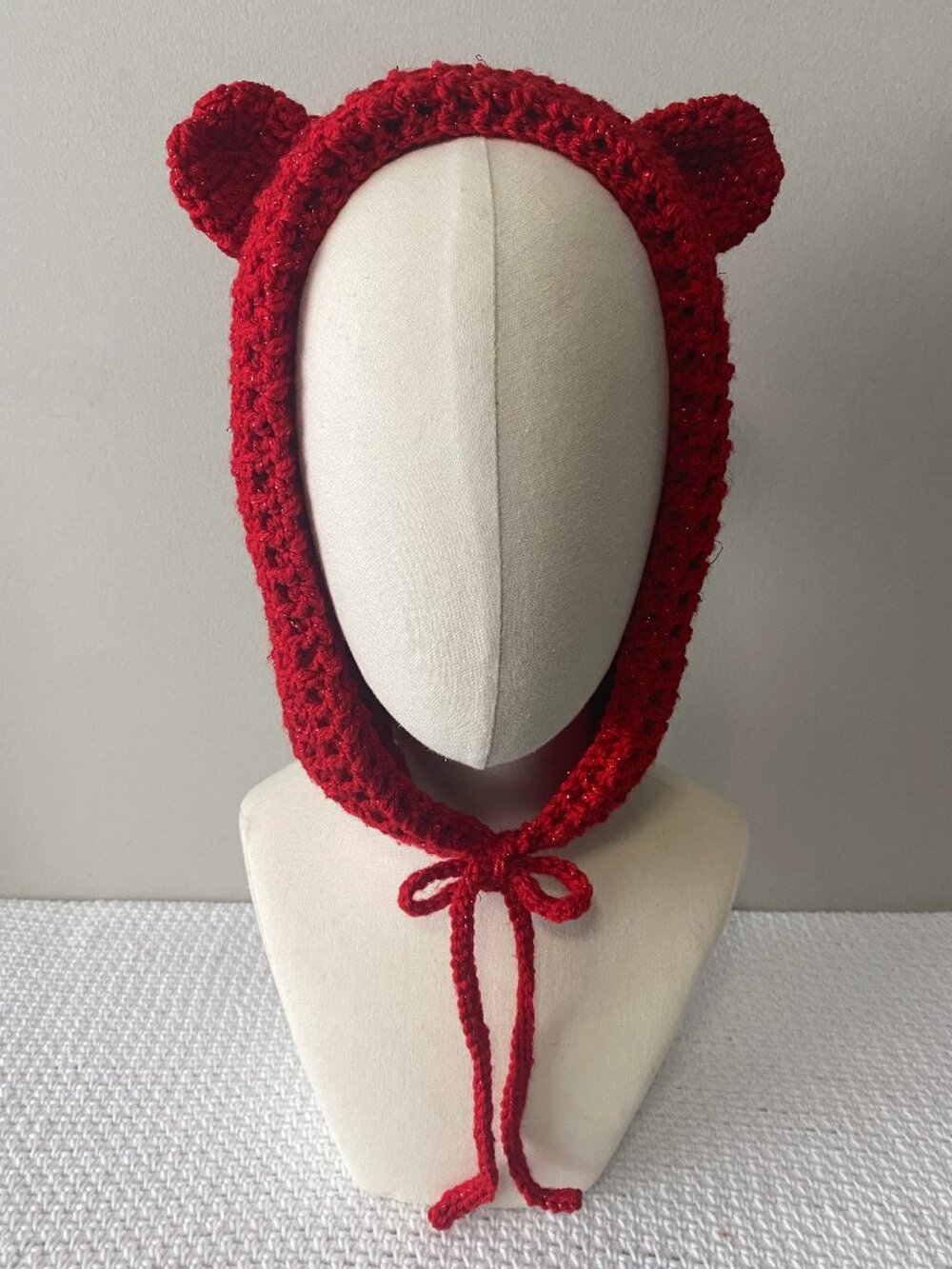 Handmade Crochet Sparkly Red Bear Ears Balaclava Hood